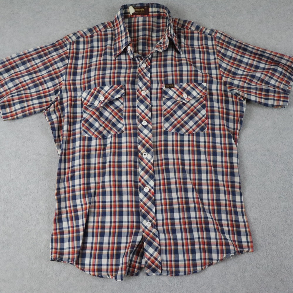 Vtg Wrangler Shirt Mens Large Western Cowboy Pocket Button Up Plaid Short Sleeve